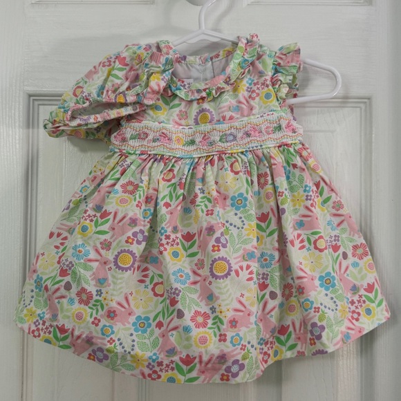 Bonnie Baby Girl Smocked Multicolor Floral with Bunnies Dress & Bloomers - Picture 1 of 11